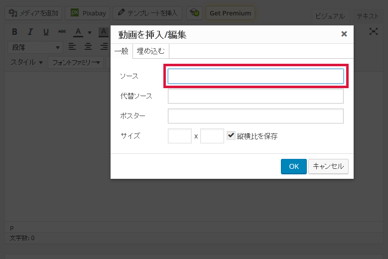 ソースに動画ファイルのURLを貼り付け